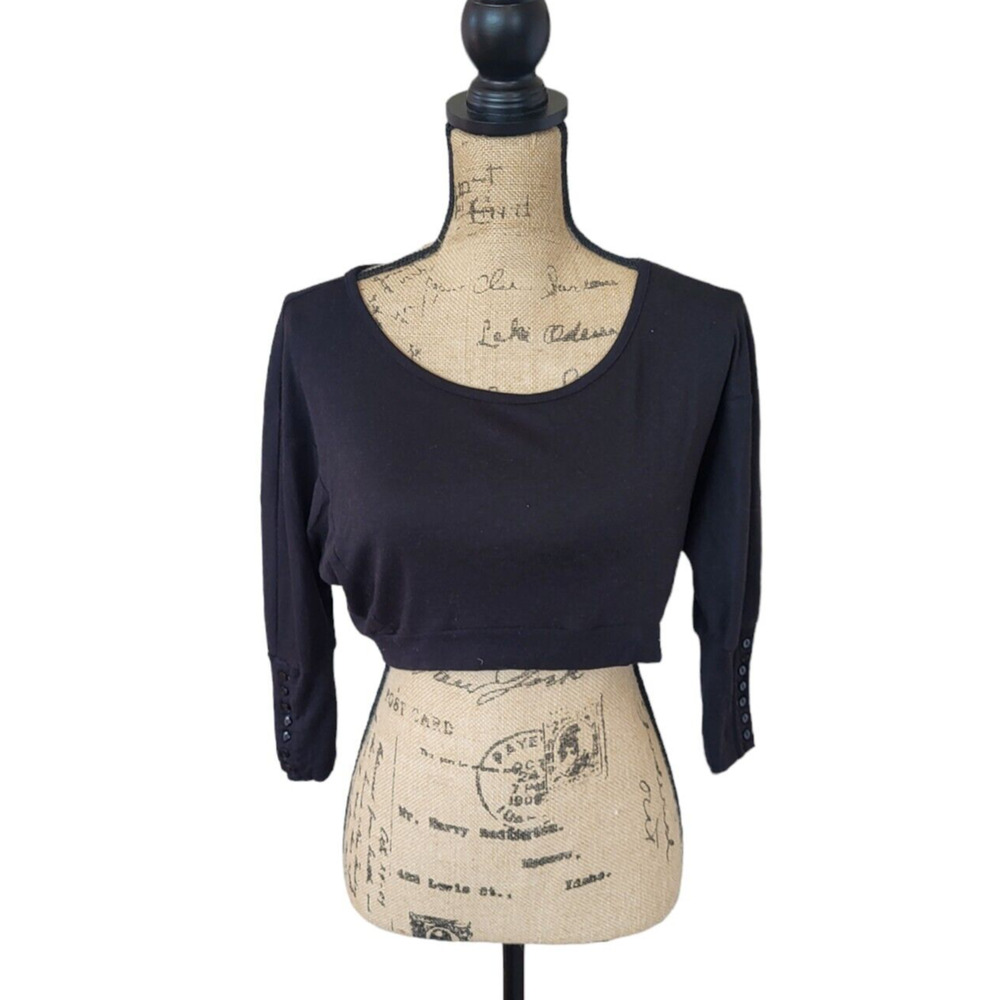 Color Story solid black crop top with long sleeves and button detail size small